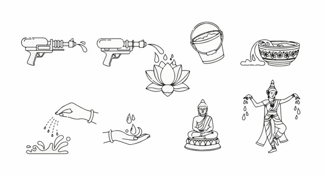 Collection of icons depicting water gun, lotus, bucket, bowl, hands, Buddha, and dancer