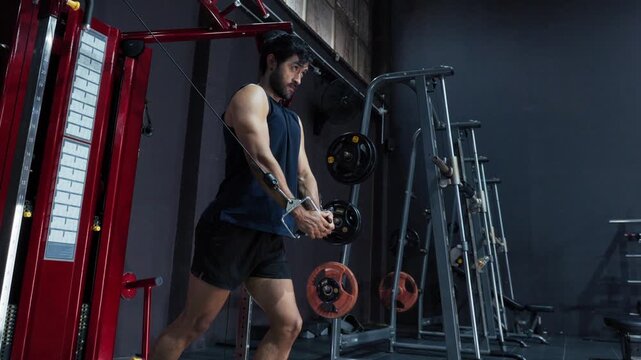 Athletic Man Performing Cable Chest Fly in Gym. Male Athlete Training Chest Muscles with Cable Machine, bodybuilding, upper body training and muscle development in Gym.