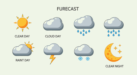 Obraz premium Weather forecast icons display on a cloudy day with rain and clear sky