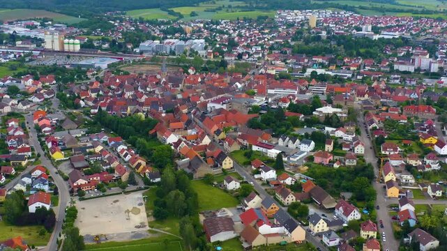 Aerial view of old town of the city Eppingen in Germany on cloudy day in Spring. 