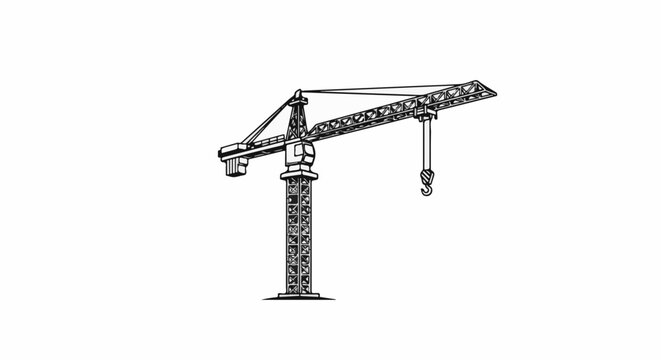 A black and white line drawing of a construction crane, detailed and isolated on a white background