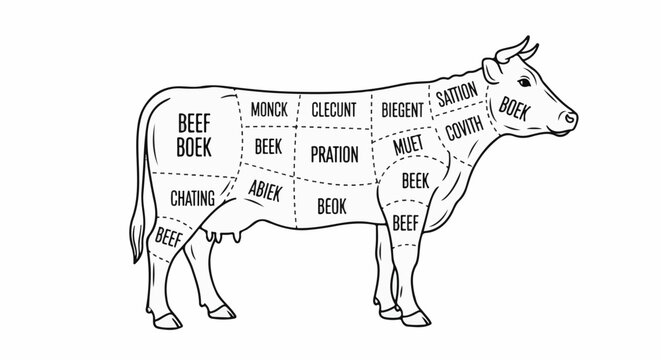 Stylized line art diagram showing a cow with various cuts of beef labeled