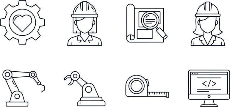 Engineering icons set vector illustration with gear heart woman engineer blueprint robot arm tape measure computer.
