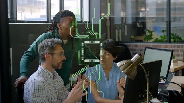 Senior man pointing at monitor causing green chip animation expanding over scene tech team agreeing
