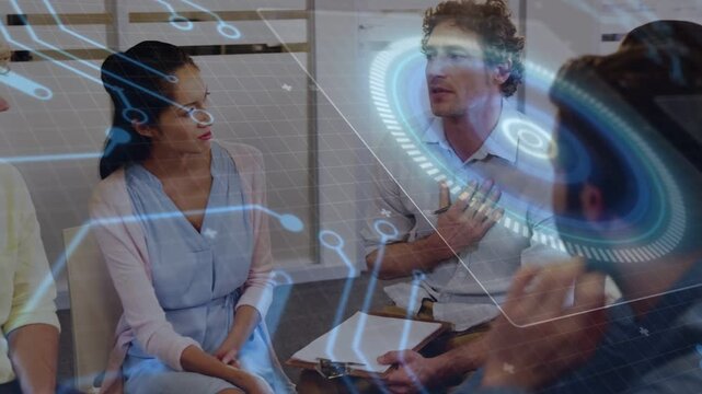 Vertical video: Male leader turning to speak, noting while AR UI growing to guide business meeting
