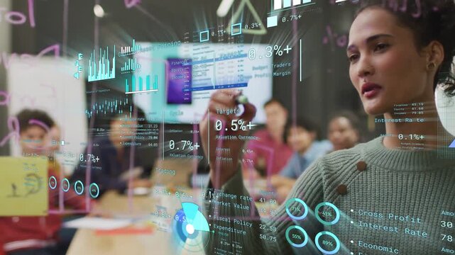 Projector showing slide causing leader writing on glass while data overlay guiding business meeting