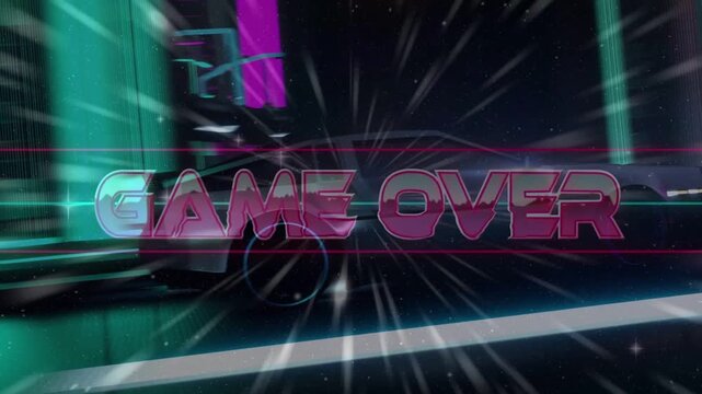 Radial warp starting 3D GAME OVER forming, scanlines slicing letters, car receding, gaming ending