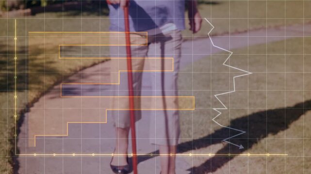 Woman using red cane starting stride from left, walking across path, HUD analyzing gait for health