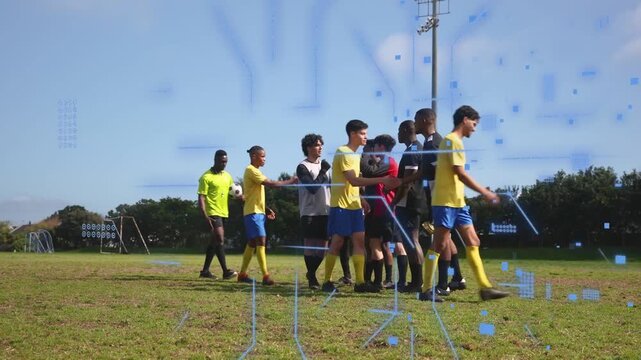 Soccer players approaching after whistle, exchanging hands and pats in respect, keeper holding ball