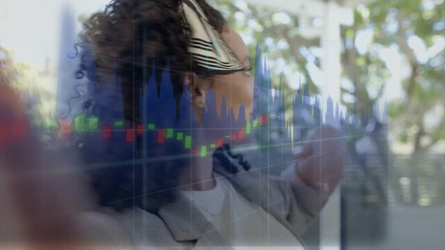 Woman on patio tapping and swiping semiopaque finance charts, analyzing market trends inspecting