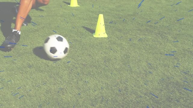 Soccer player doing tight touch around cone after ball arrival in training animated arrows tracing