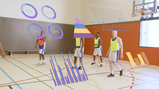 Player driving to paint, attacking rim seeking layup while sports overlays tracking shot pct bars