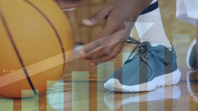 Player tying laces, picking up ball, shifting weight and practicing footwork while charts appearing