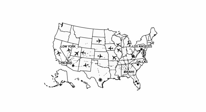 United States map showing air travel routes between major cities