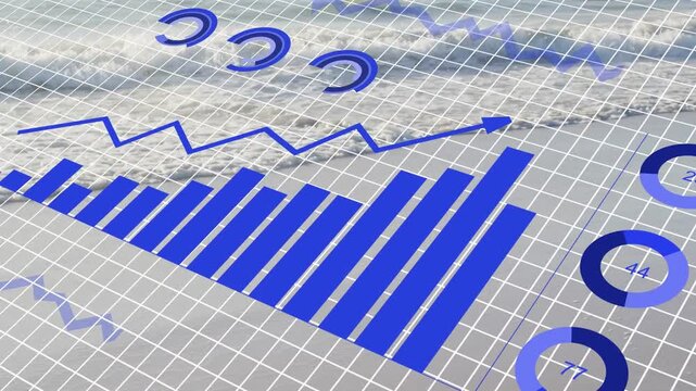 Right motion initiating blue 3D finance dashboard unfolding on grid, growing bars line rings pie