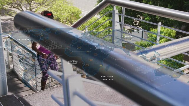 Woman stepping onto stairs, ascending for fitness with animated map tracking route across handrail