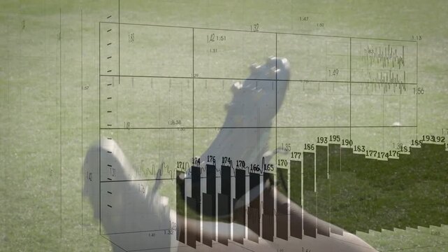 Male athlete shifting weight and flicking cleat to lift ball in sport training, showing data charts