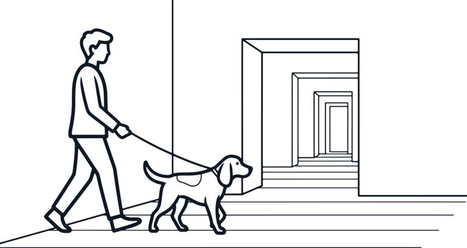 Man walking dog on leash near building entrance with stairs abstract line art concept.