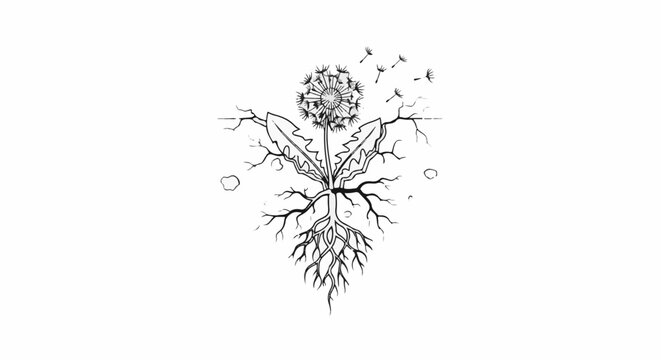 Black and white illustration of a dandelion plant, showing roots and flying seeds