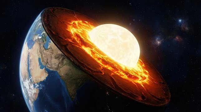 Earth, internal planetary structure, glowing inner core, molten outer layer, dense mantle, solid crust, detailed cross section, illustrating geological composition, scientific concept, cosmic body.