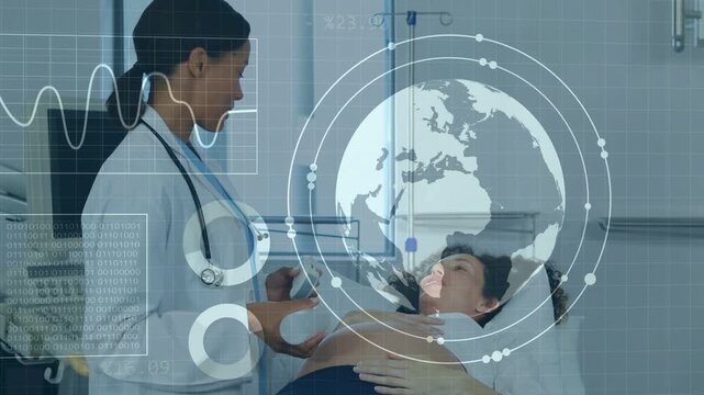 Dr placing US probe and starting prenatal scan while HUD graphics expanding, obscuring both people