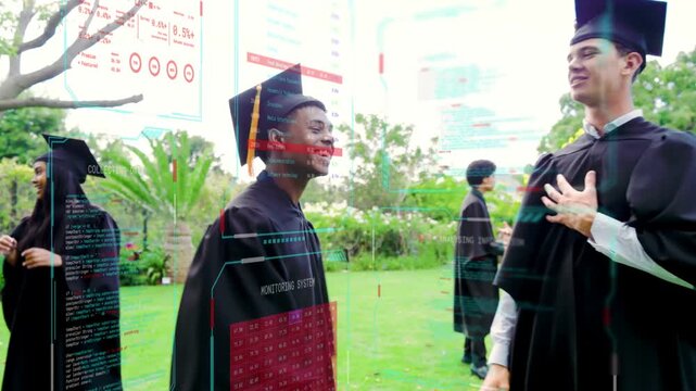 Graduate approaching, initiating handshake adjusting tassel on lawn, marking education, HUD overlay