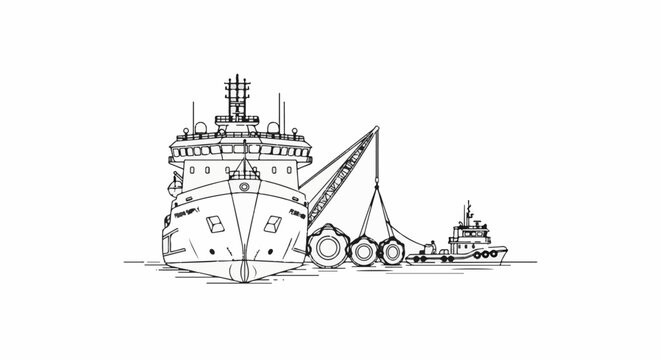 A sketch of a large ship with a crane, towing a smaller vessel