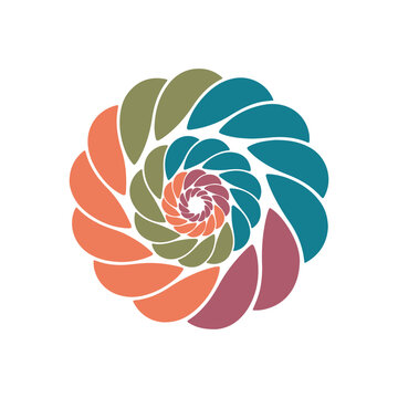 Vibrant spiral logo design with colorful curved shapes on white background