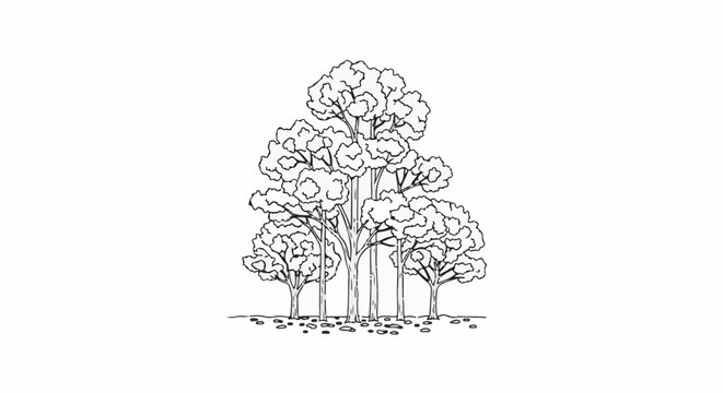 A black and white line drawing of a cluster of deciduous trees with textured foliage