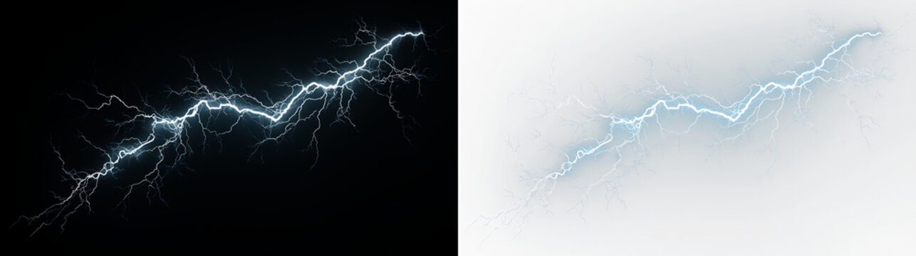 Blue and white lightning bolt with bright colors isolated on transparent and black background during a storm in the sky at night, light overlay, PNG