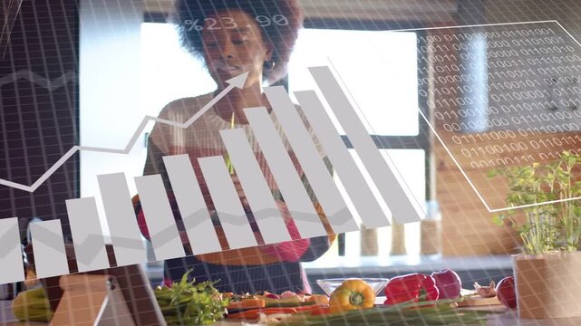 Woman reaching tablet and tapping, causing animated charts analyzing kitchen produce for recipes