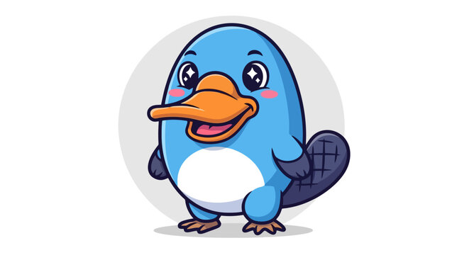 Cute cartoon blue platypus character with sparkling eyes and an orange bill standing on a white background, featuring a beaver-like tail.