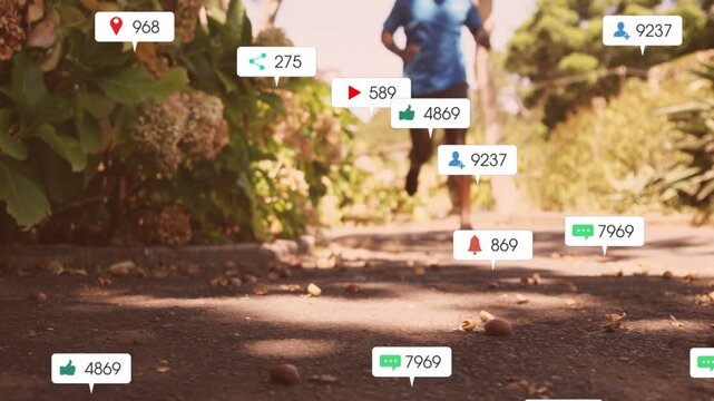 Male runner training on park path, approaching camera, causing social badges swelling