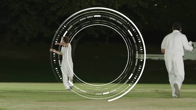Cricket bowler releasing ball fielder diving picking XI converging HUD centering celebrating wicket