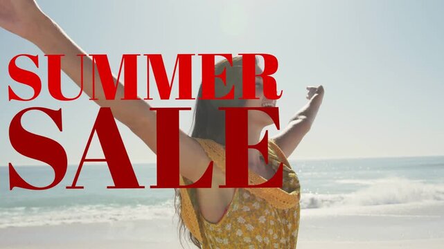 Woman standing, arms wide on beach, red SUMMER SALE graphic fading over her receding for marketing