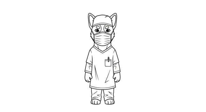 A black and white line drawing of a cat wearing a surgical mask and scrubs, standing upright.