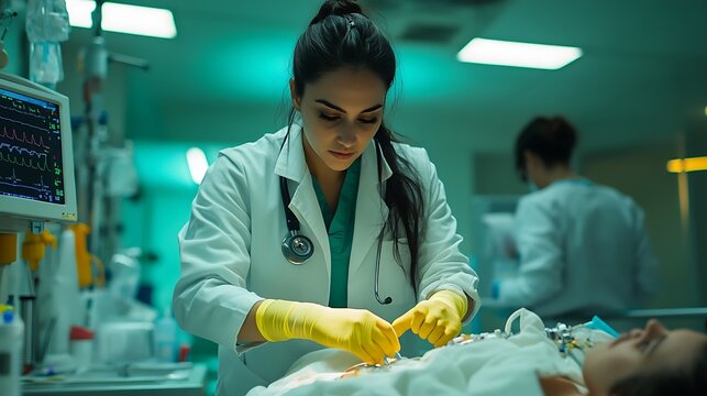 Focused female doctor performing a medical procedure in a sterile operating room