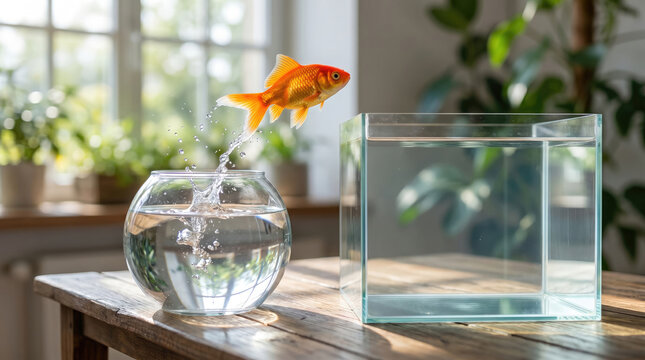 Seeking New Space: Goldfish Jumps to a Modern, Unoccupied Aquarium