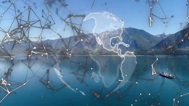 Node web drifting into frame, globe fading in above lake, rotating, network pulsing, showing links