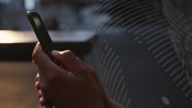 Woman holding phone tapping and scrolling testing tech app dot-grid drifting in covering right side