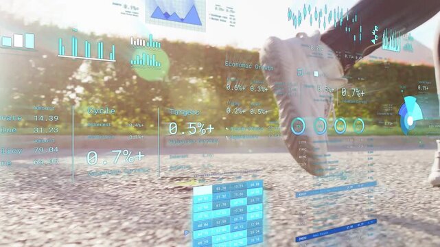 Senior male runner pushing off right foot, camera pulling back, AR finance charts updating metrics