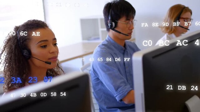 Bank agents taking calls while hex codes scrolling across monitors and covering faces