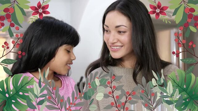 Girl showing, initiating health tip in kitchen, woman watching, floral frame around faces  and  glas