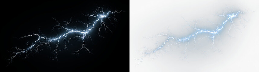 Blue and white lightning bolt striking isolated on transparent and black background with clear details of electric energy and motion captured in a vivid form, light overlay, PNG © Liubov