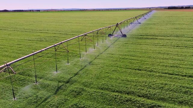 Aerial close view of center pivot irrigation system watering green field in Castilla La Mancha, rotating sprinklers and sustainable agriculture concept