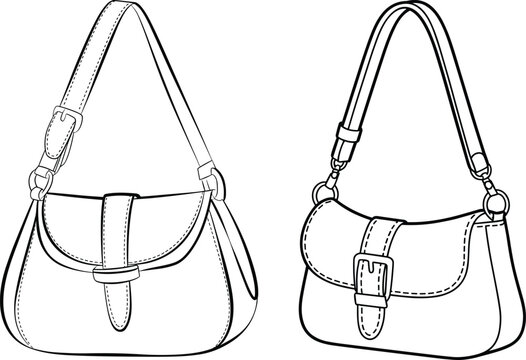 Women handbag mockup set, shoulder bag design, front and side views, fashion accessory outline, leather purse template &ndash; vector illustration