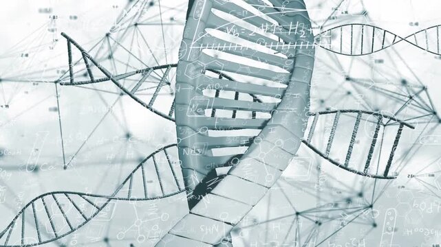 On play central DNA helix rotating, shifting down, narrowing while overlays showing molecular data