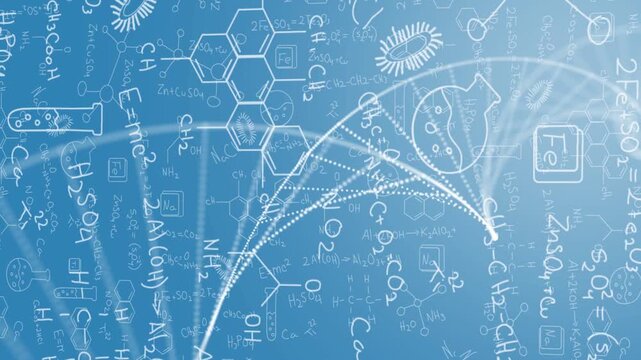 Particles emerging drifting and clumping chalk notes and dotted arcs forming helix showing lab data