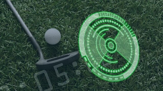 Green HUD appearing beside putter head, pulsing rings, rotating sweep, aligning markers for putt