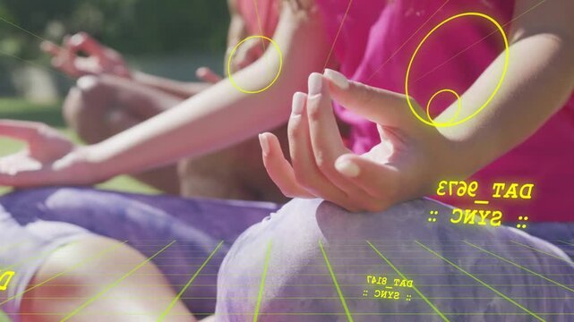 Front woman yogi holding Gyan mudra, camera pulling back, yellow HUD aligning with hand for health
